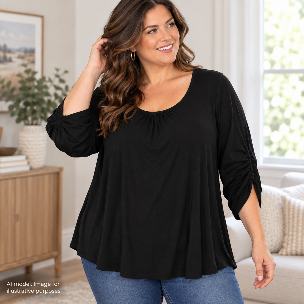Susan Graver Shirt Womens Large Black Ruched Sleeve Minimalist Lux Flowy Stretch